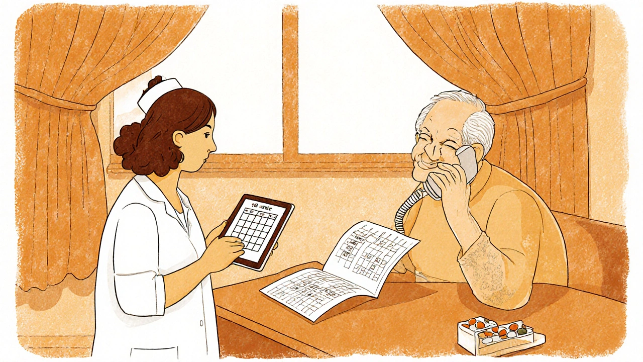 Elderly man on a phone call with a nurse, pill organizer open beside him in soft sunlight.