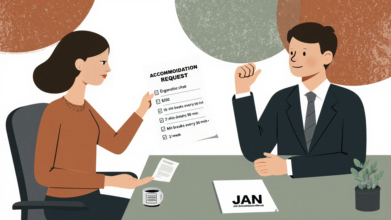 Employee presenting accommodation request to manager and HR team, with document and JAN logo on table.