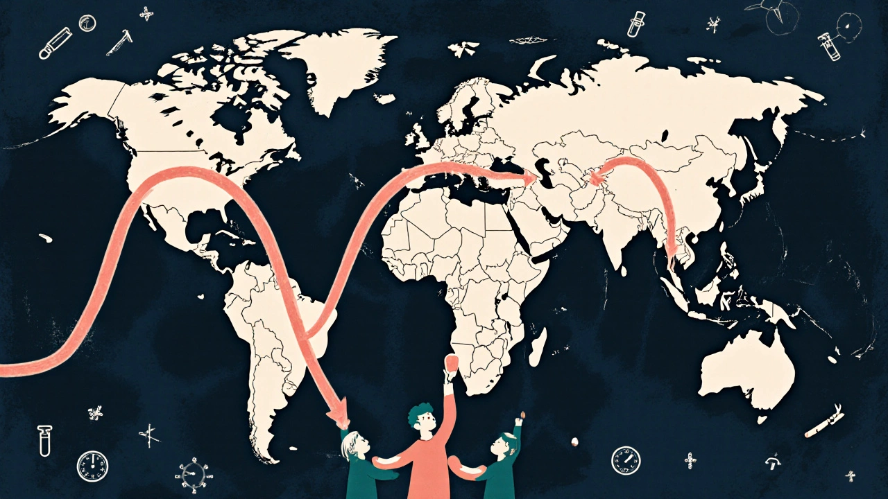 Global map showing unequal antiviral access, with glowing pathways in wealthy regions and shadows elsewhere, illustrated in risograph aesthetic.