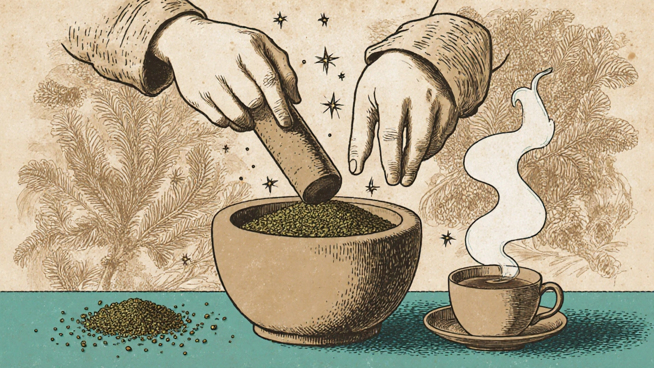 Hands crushing dried ground pine leaves in a mortar with steam rising from a nearby teacup.