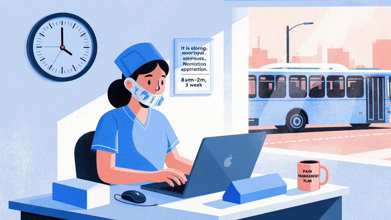 Nurse working remotely from home at 2 p.m., with supportive gear and schedule note visible on desk.