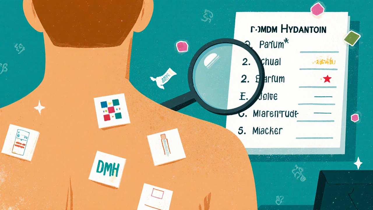 Patient’s back with patch test stickers and floating allergen names, viewed in a dermatologist’s office with magnifying glass.