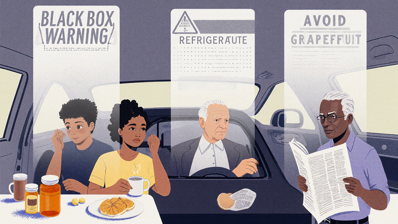 People confused by floating prescription warnings in everyday settings with vintage print textures.