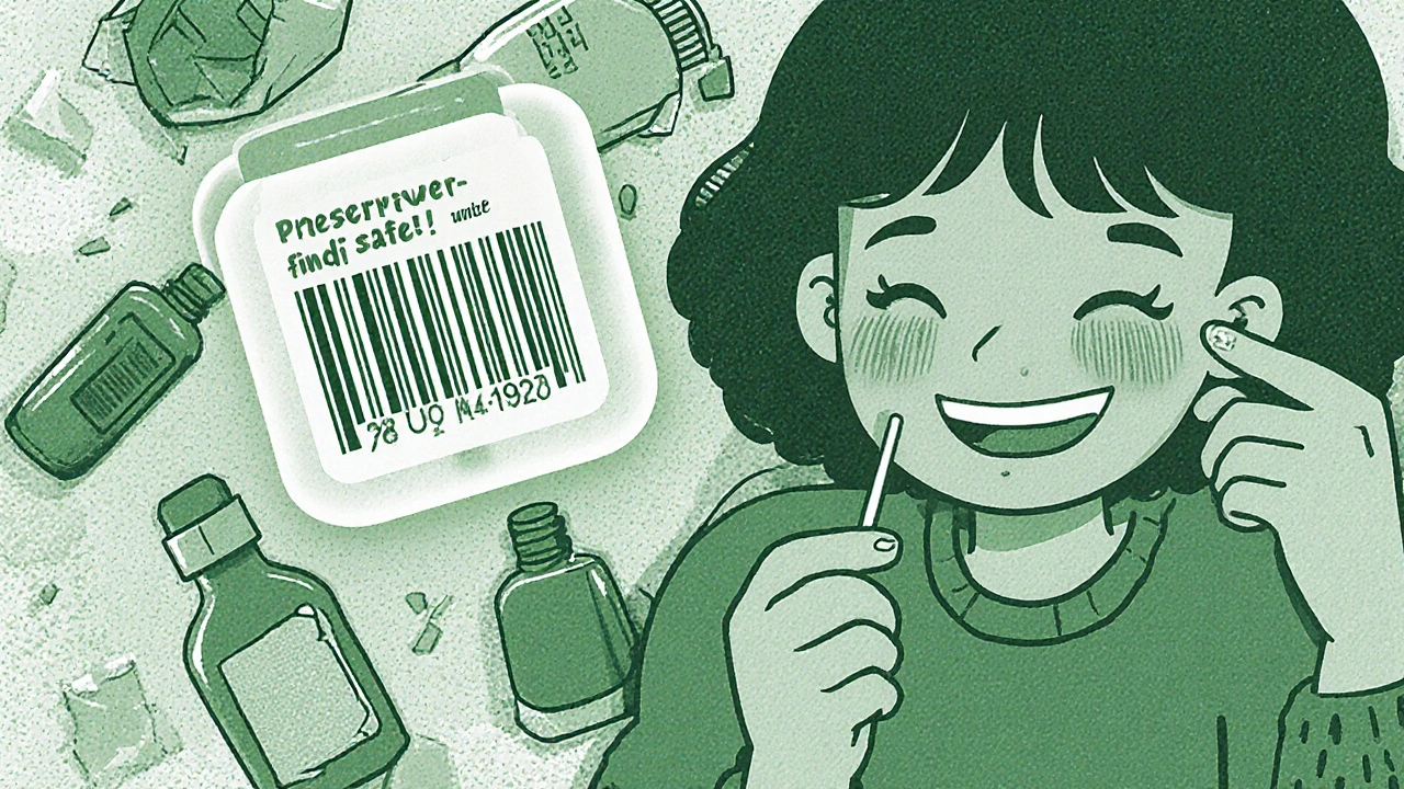 Person applying petroleum jelly to eyelids while discarded beauty products lie broken nearby, with a safe product app visible.