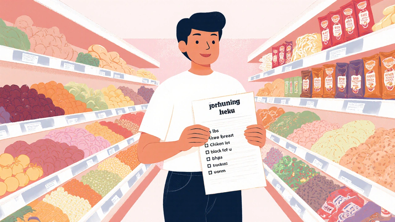 Person grocery shopping with organized list, avoiding junk food aisles