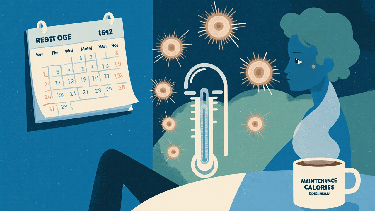 Person in a cool room activating brown fat cells, with a calendar flipping from diet to reset mode, in calming risograph tones.