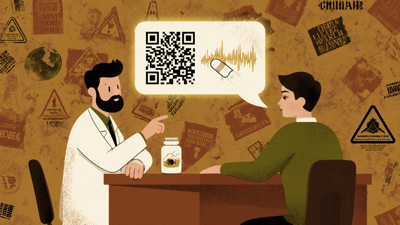 Pharmacist explaining a QR code warning to a patient, with animated video bubble and chaotic sticker wall.