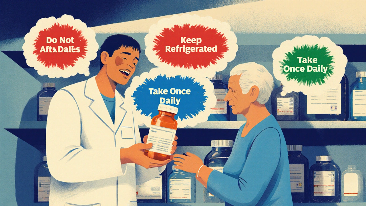 Pharmacist giving a prescription bottle to an elderly patient, with floating color-coded safety labels around them.