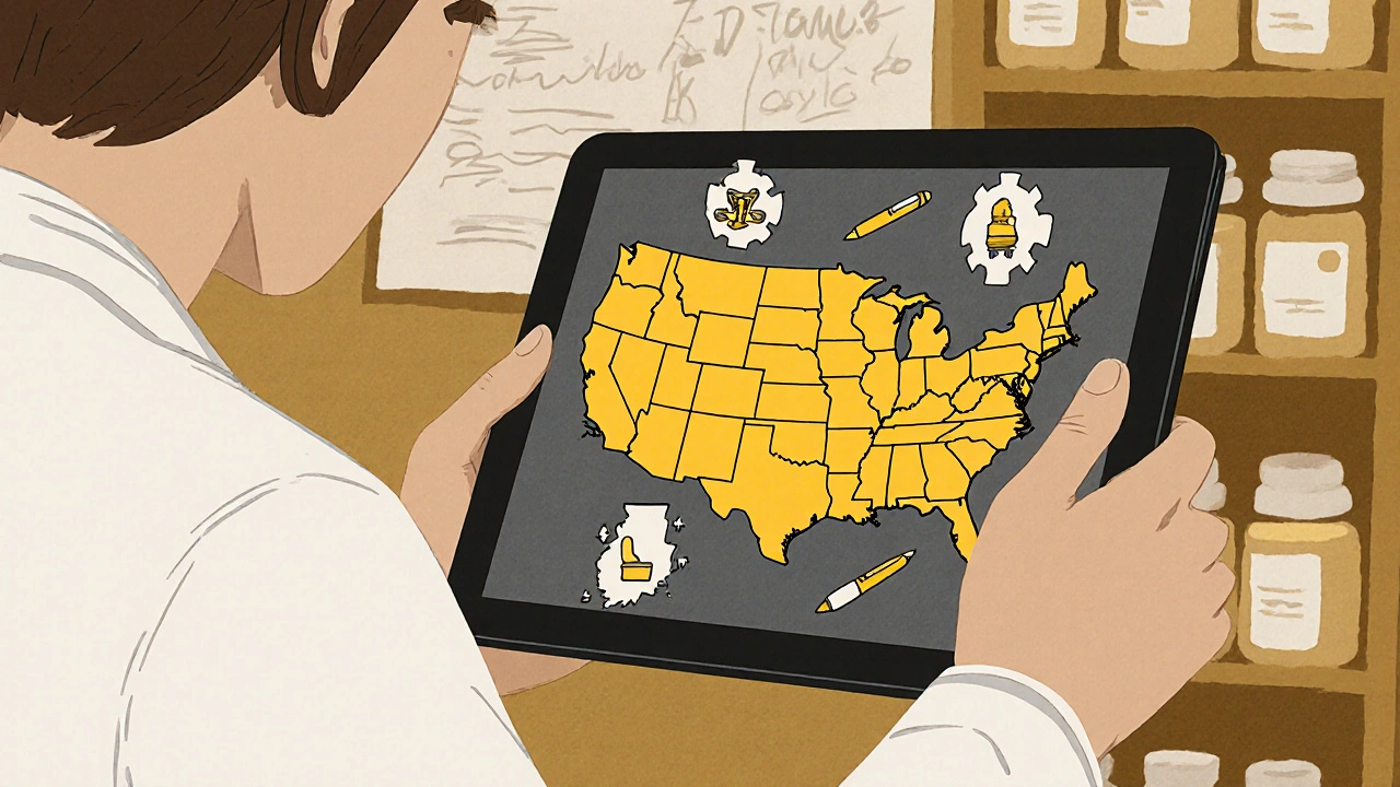 Pharmacist holding a state map with legal icons for Texas, New York, and Illinois, biosimilars nearby.