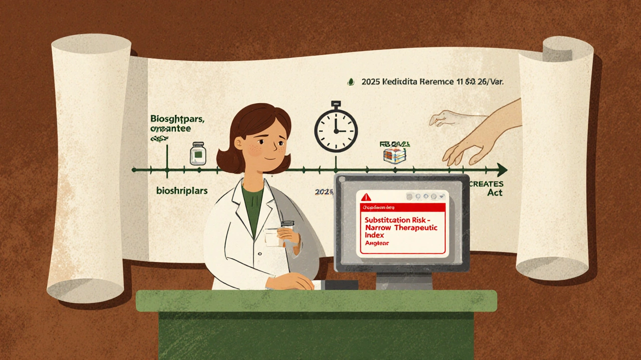 Pharmacist sees substitution warning alert, 2025 CE requirements scrolling behind them.