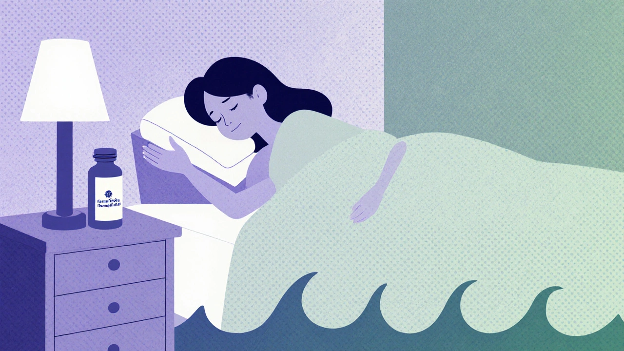 Pregnant person sleeping comfortably with wedge pillow and famotidine on nightstand, acid waves receding.