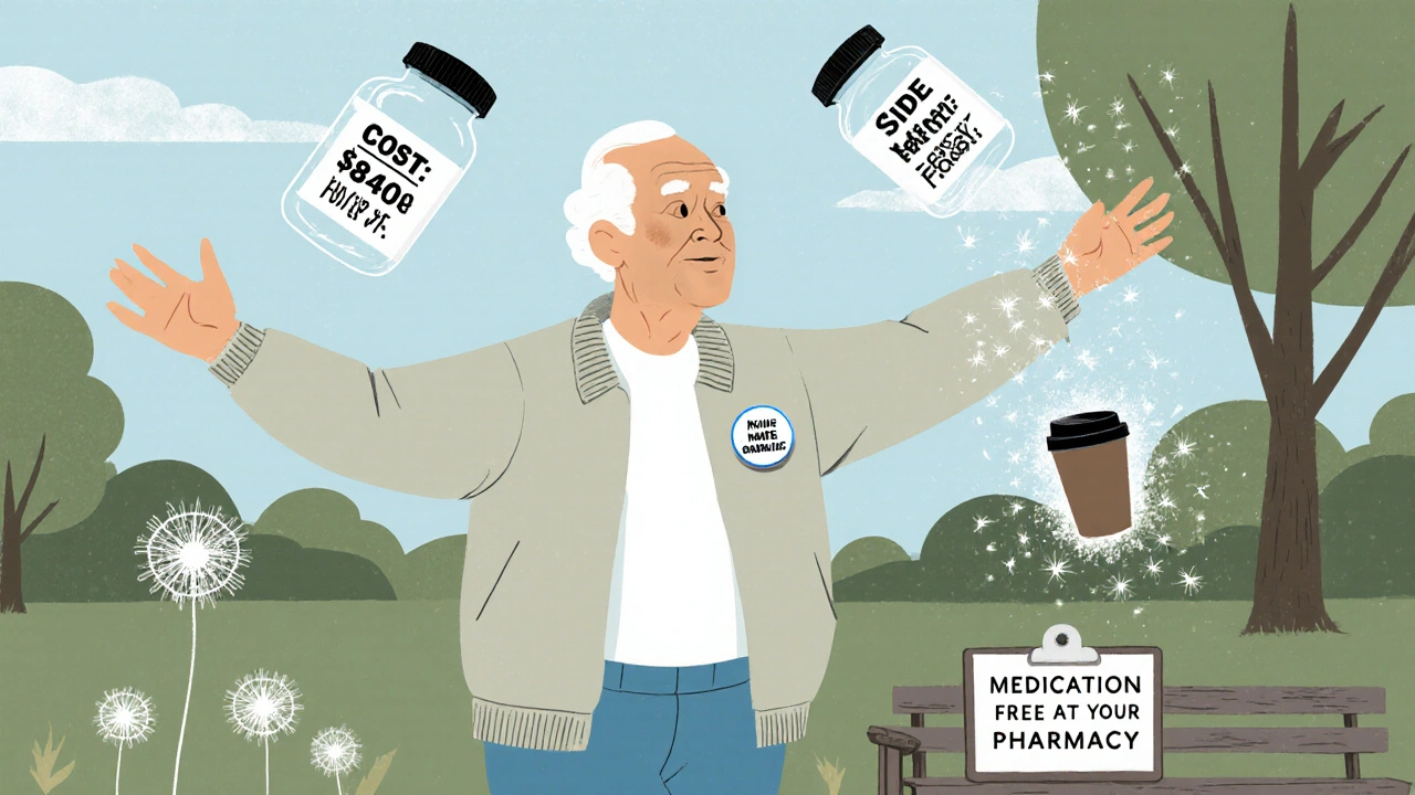 Senior walking in park as faded pill bottles dissolve into dandelion fluff above.