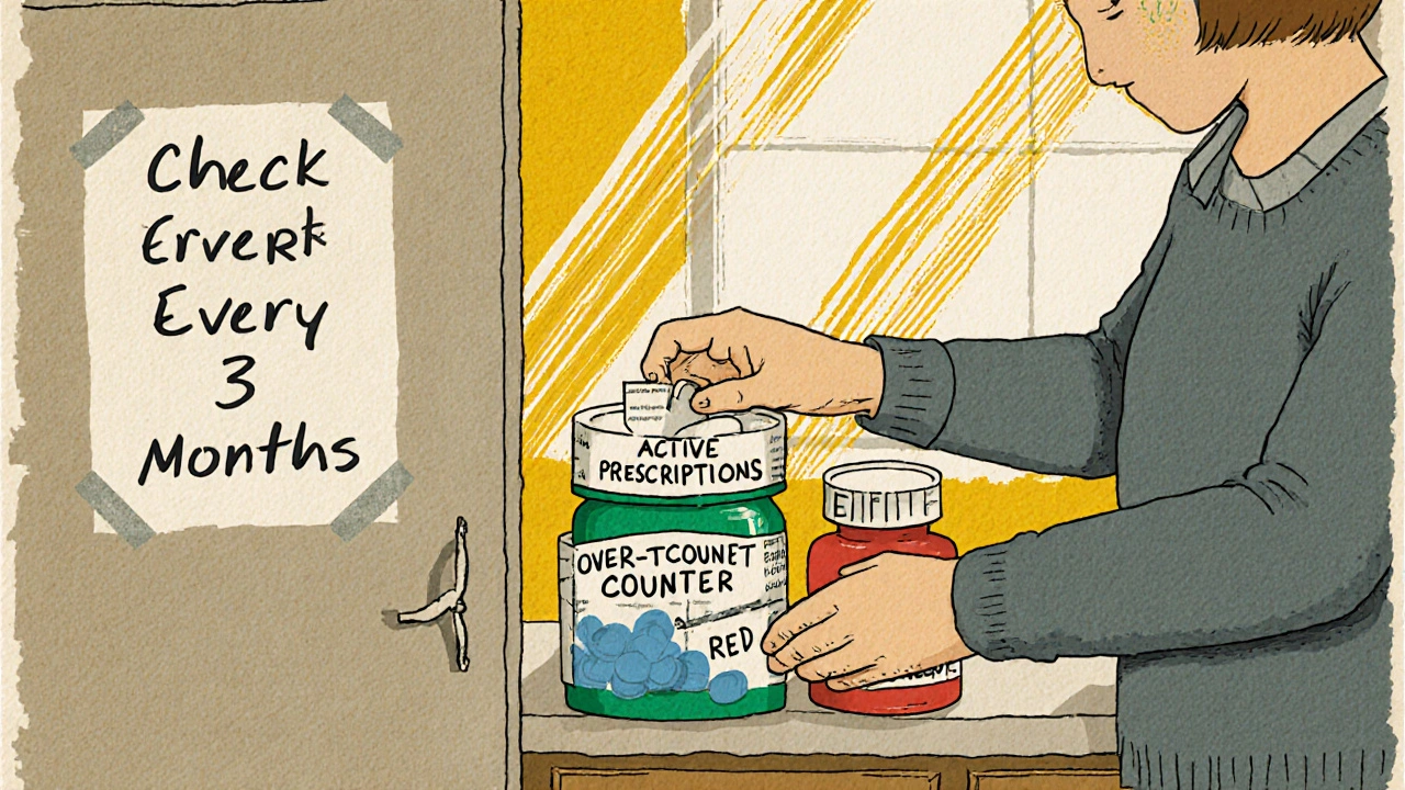 Someone sorting medicines into three piles on a counter with a &#039;Check Every 3 Months&#039; note on the cabinet door.