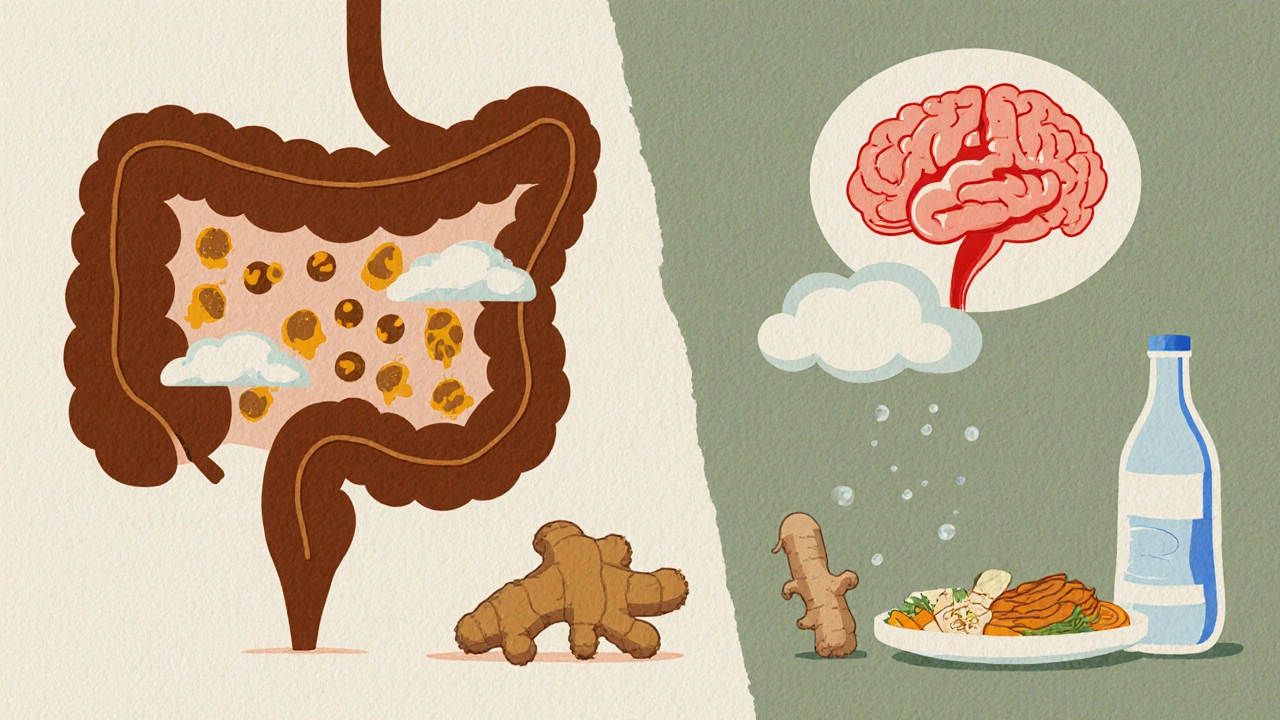 Split illustration of sluggish vs. healthy digestion with ginger and water, symbolizing diet&#039;s role in opioid nausea.