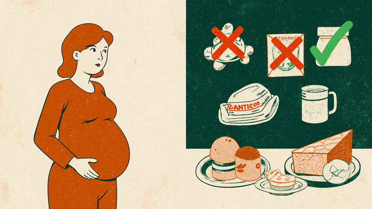 Split illustration showing safe lifestyle choices vs. avoided heartburn medications during pregnancy.