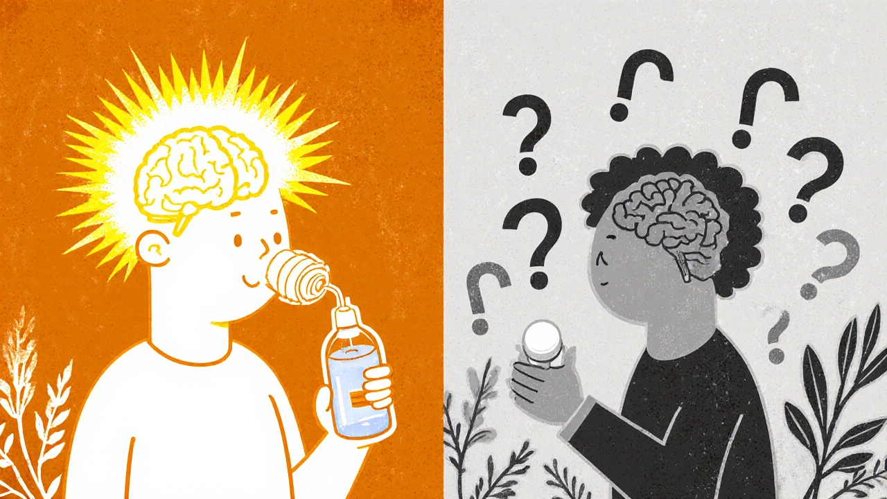 Split image: clear brain with HEPA filter vs foggy brain with pill