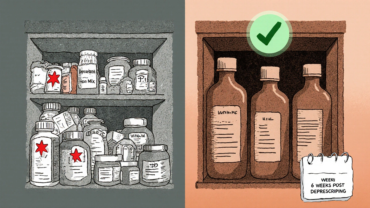 Split image: cluttered medicine cabinet vs. simplified, organized cabinet with checkmark.