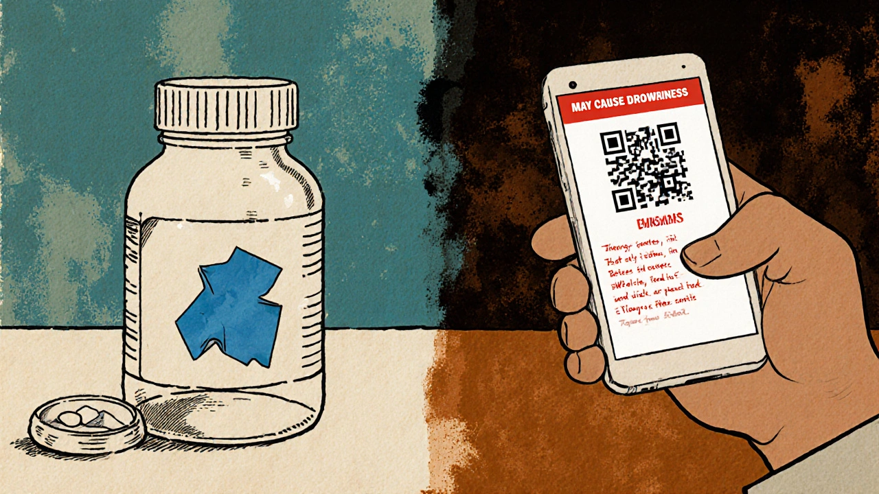 Split image: old faded label vs. new labeled bottle with QR code, symbolizing evolving medication safety.