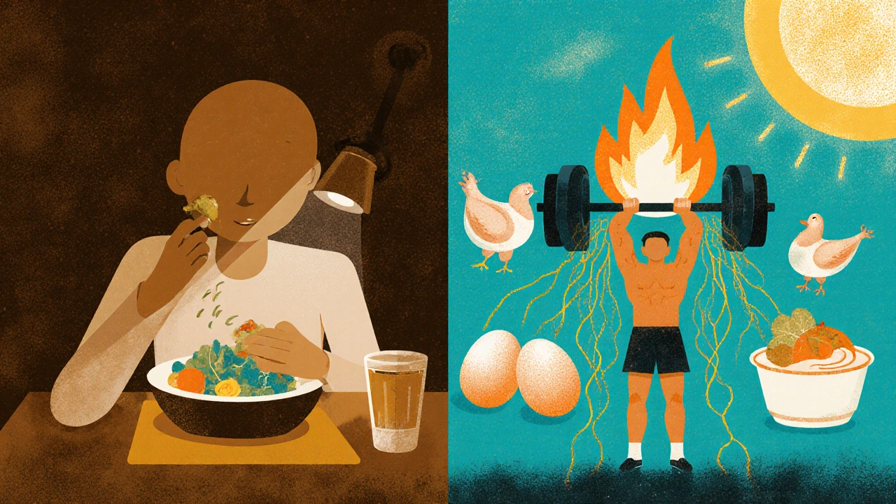 Split scene: one side shows dieting in dim light, the other shows strength training with glowing protein sources and rising energy.