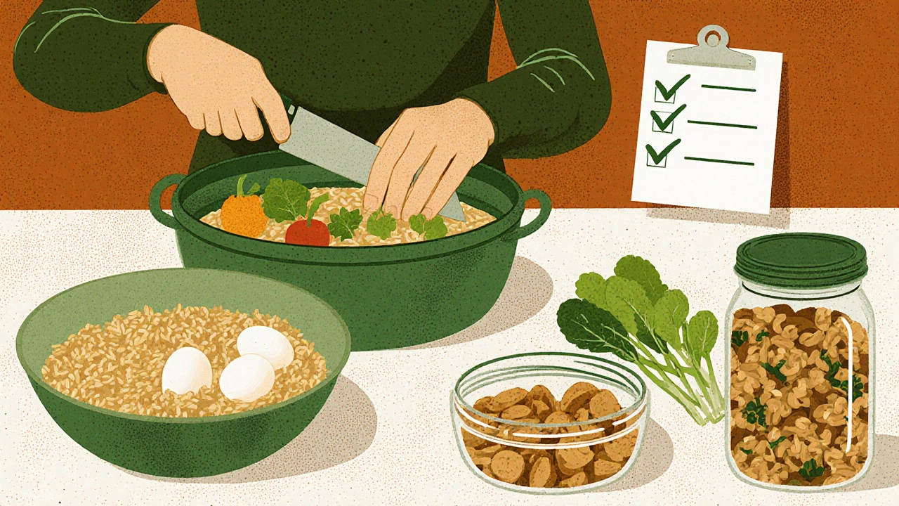 Sunday meal prep with chopped veggies, cooked rice, and portioned snacks