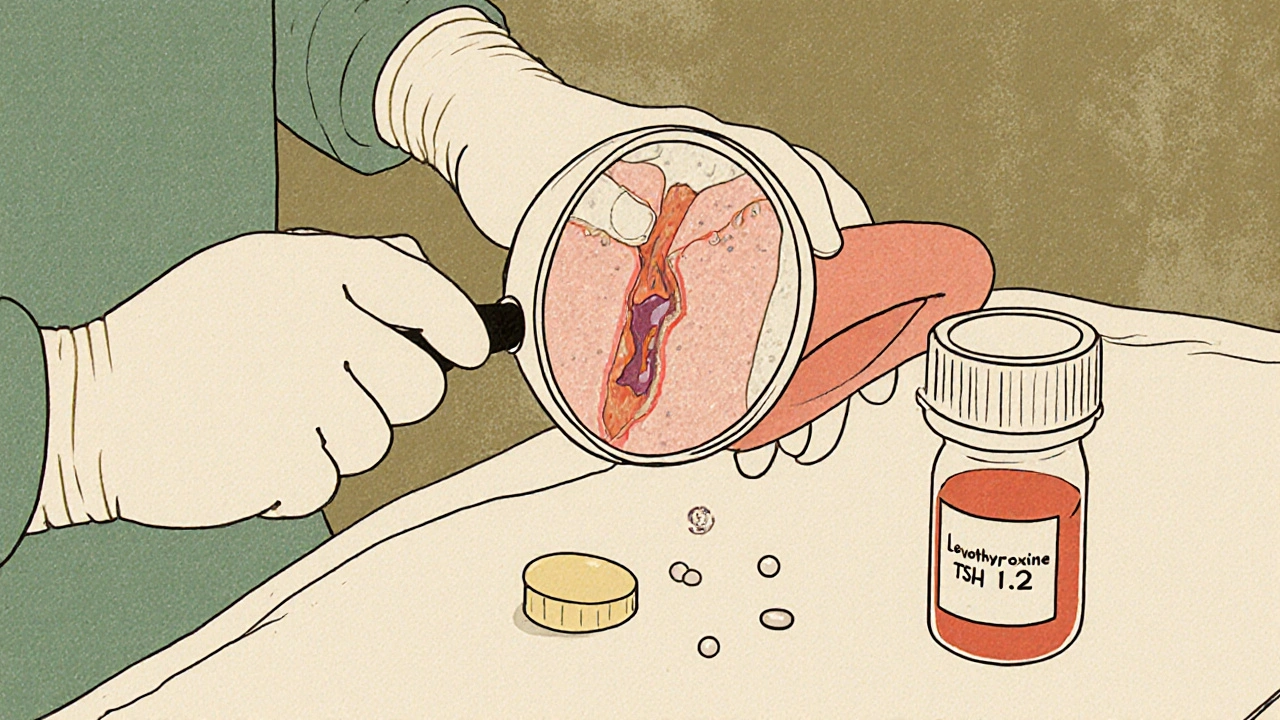 Surgeon&#039;s hands performing thyroidectomy with preserved parathyroid glands and hormone pill