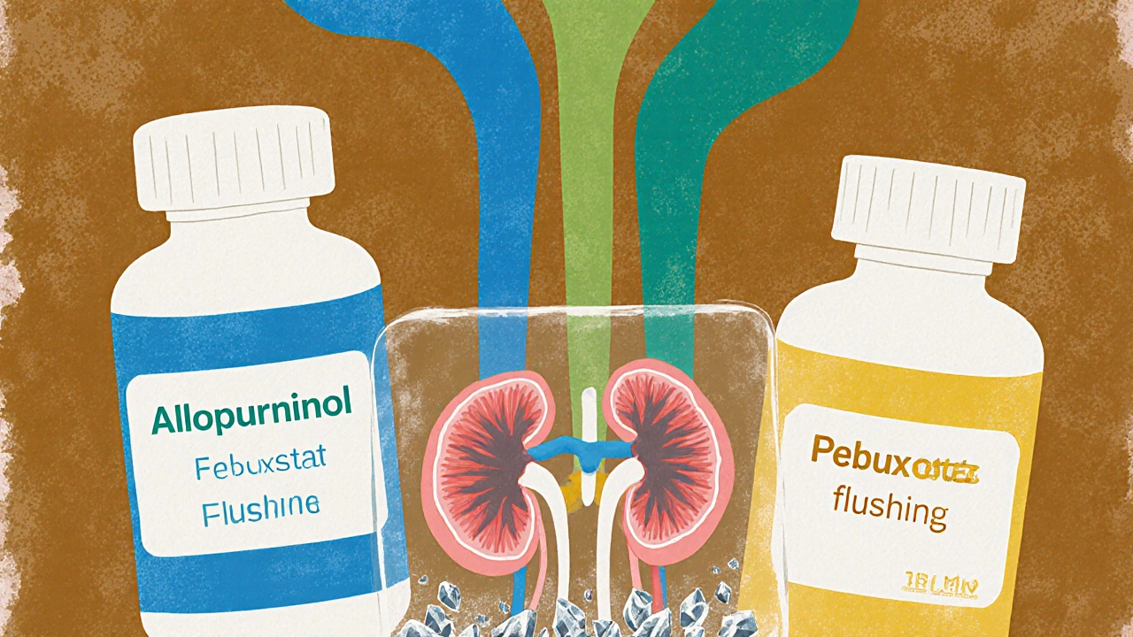 Three medicine bottles emitting colored streams into a kidney, dissolving uric acid crystals below.