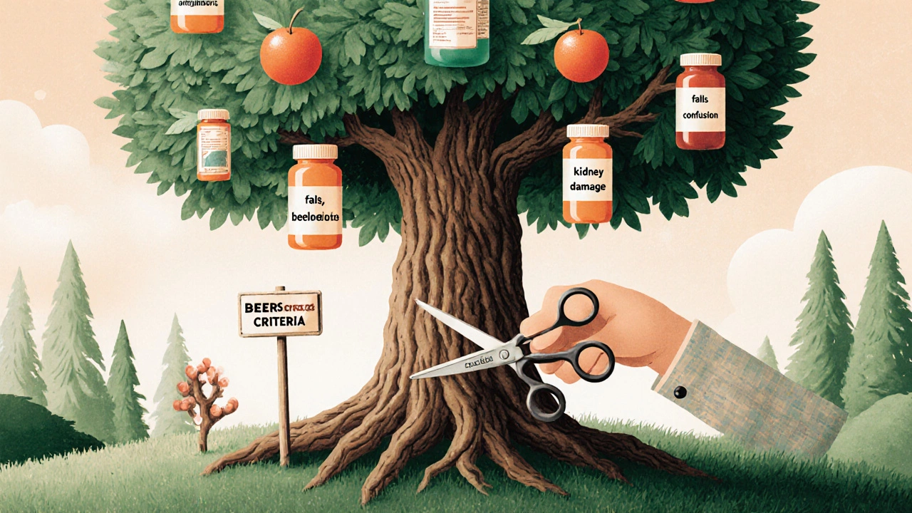 Tree with prescription bottle roots and danger fruit, hand pruning with deprescribing scissors.