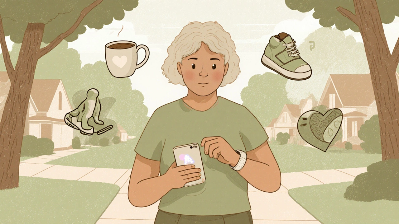 Woman walking on a path, checking her step count on a smartwatch, surrounded by symbols of daily life.