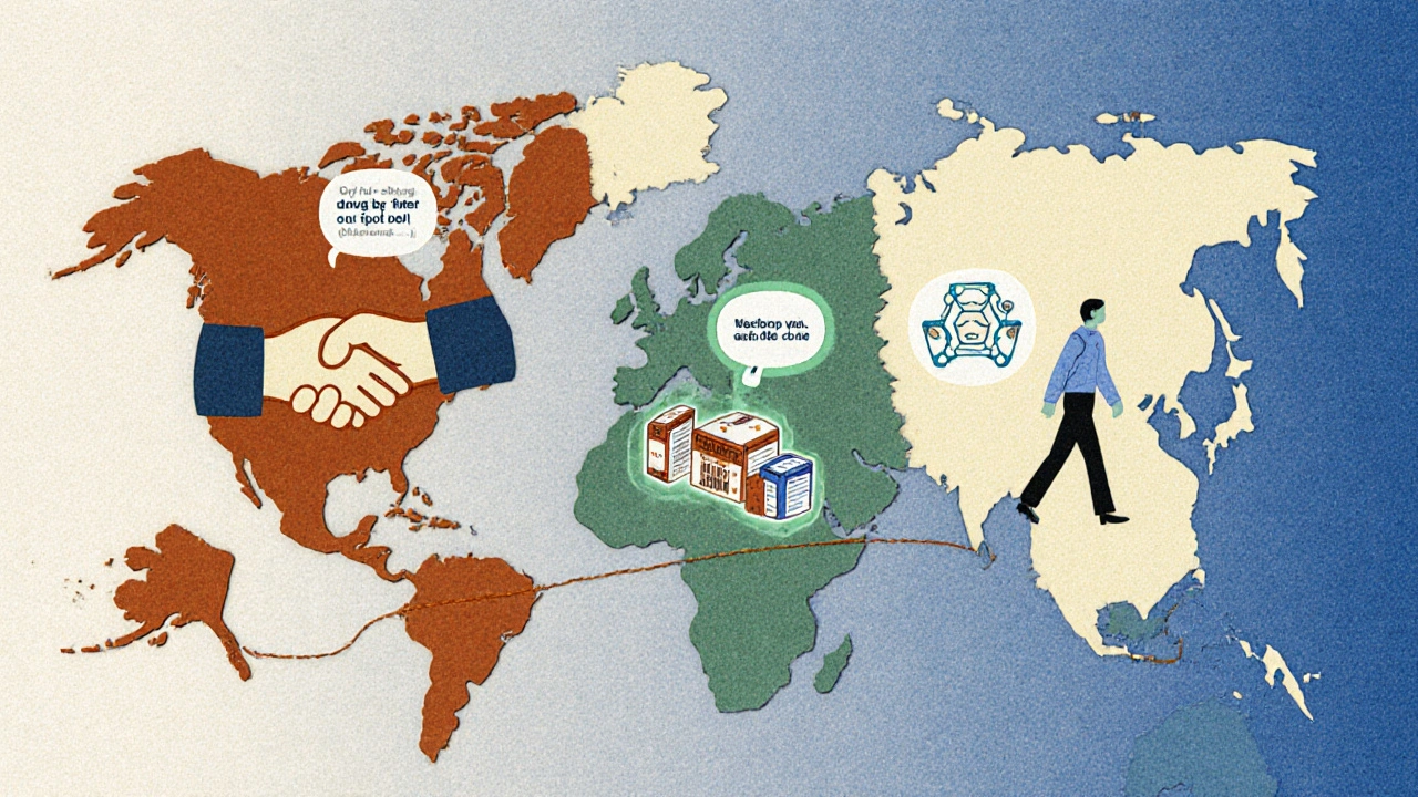 World map shows U.S., EU, and China blocking generics with different tactics, patients walking toward affordable medicine.