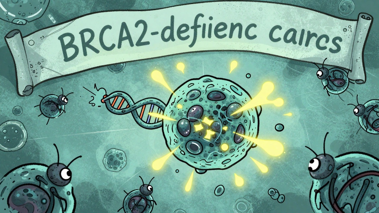 A BRCA2-deficient cancer cell leaking signals as immune cells gather nearby during cell division.