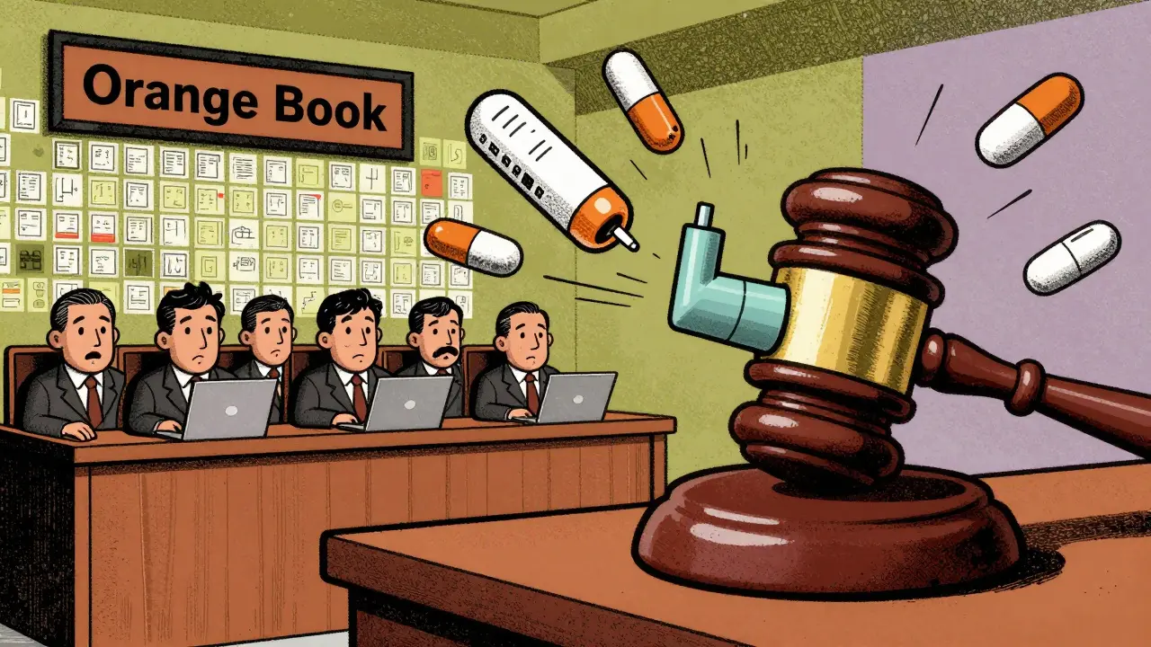 A courtroom with a judge’s gavel as an inhaler and jury made of dose counters and tablet coatings.