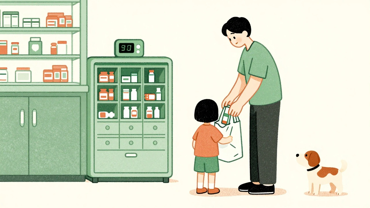 A family disposing of expired meds at a pharmacy drop-box, with a locked medication station visible in the background.