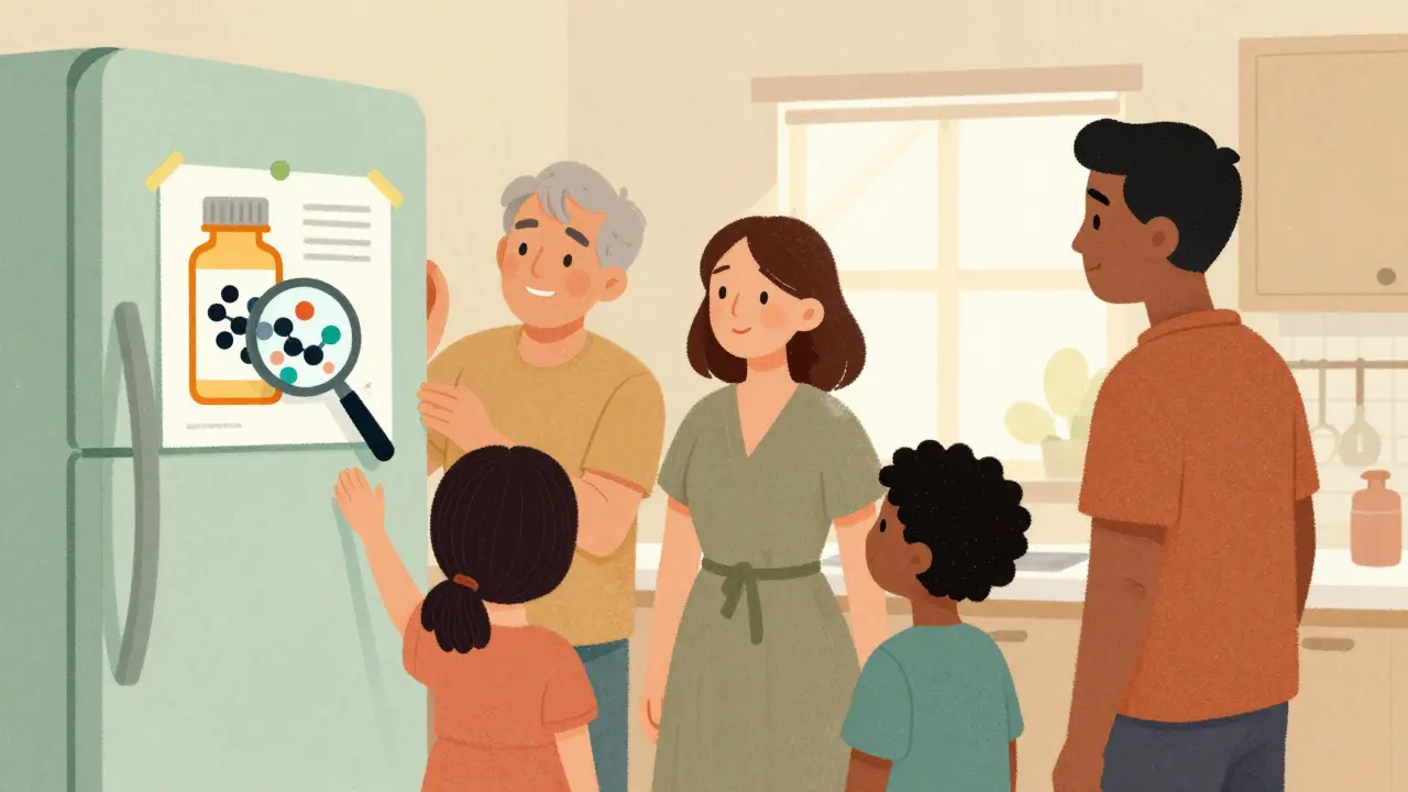 A family viewing a fridge-mounted infographic showing identical drug molecules inside pills.