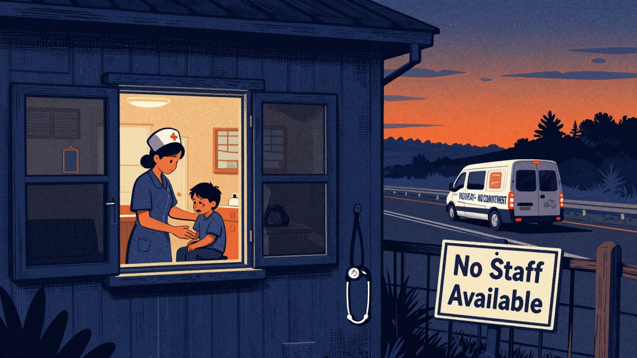 A lone nurse comforting a patient in a dark rural hospital as a travel nurse van drives away.