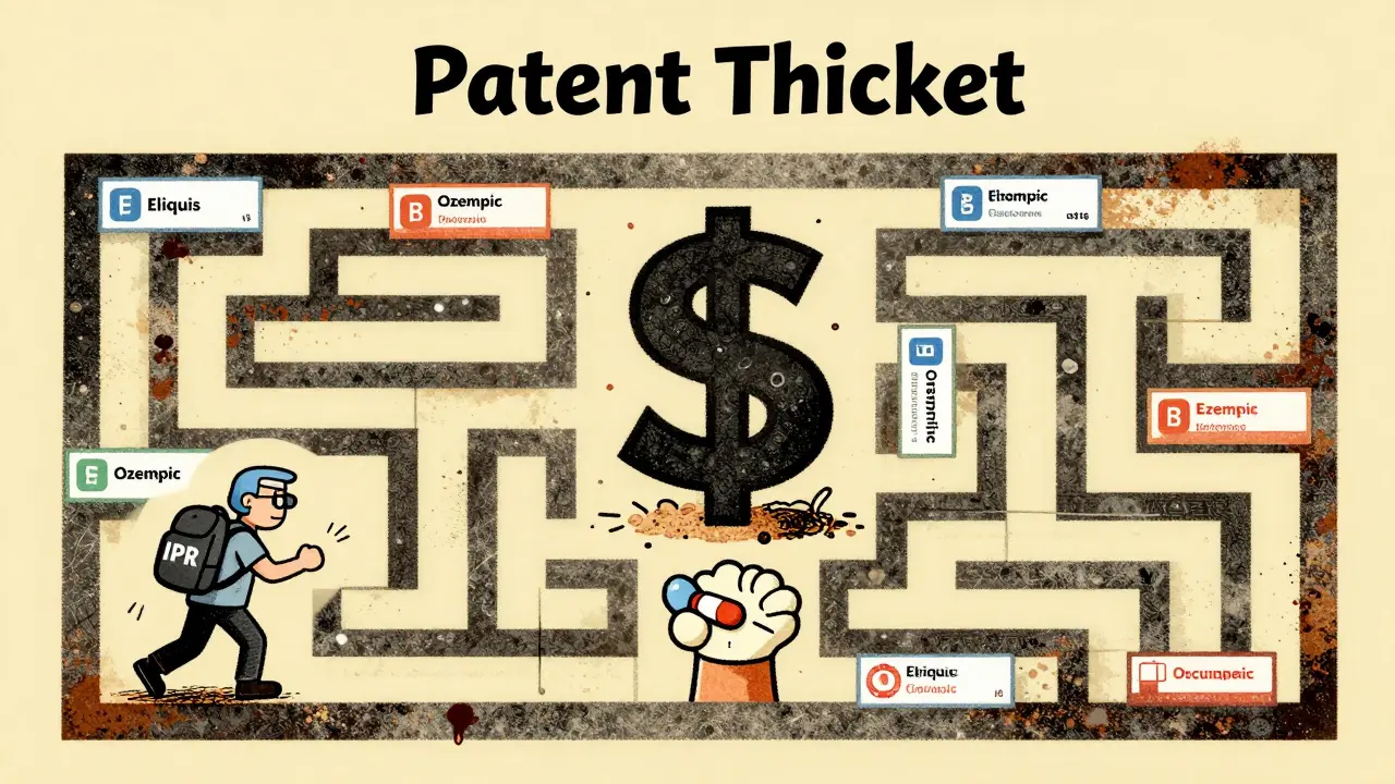 A maze of drug patents leads to a giant dollar sign while a generic manufacturer tries to escape.