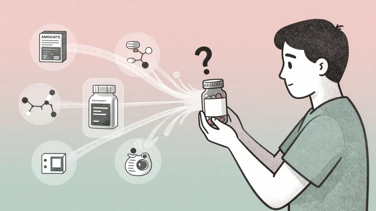 A patient holding a pill bottle as invisible chemical pathways connect it to suppliers and packaging.
