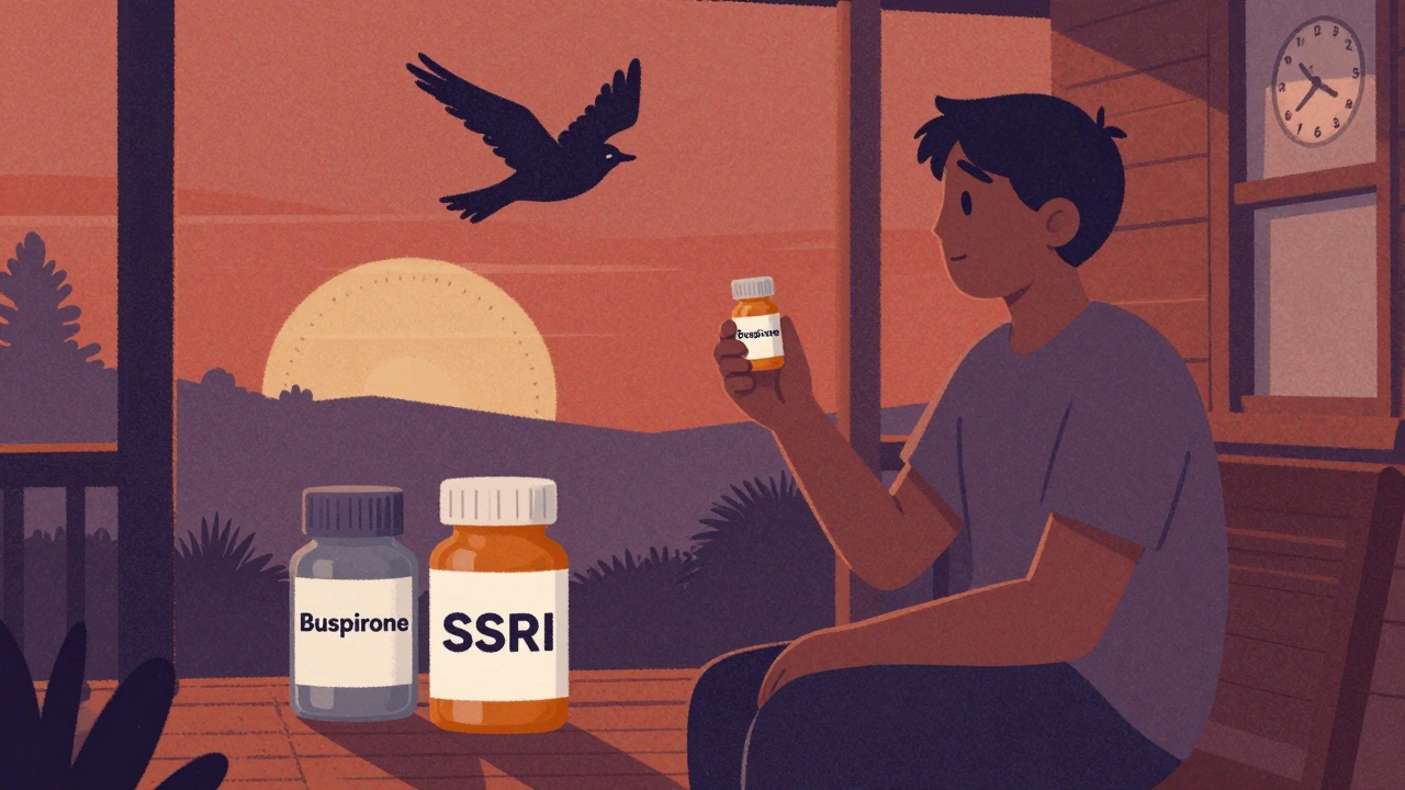 A patient on a porch with buspirone and SSRI bottles, symbolizing calm and delayed relief.