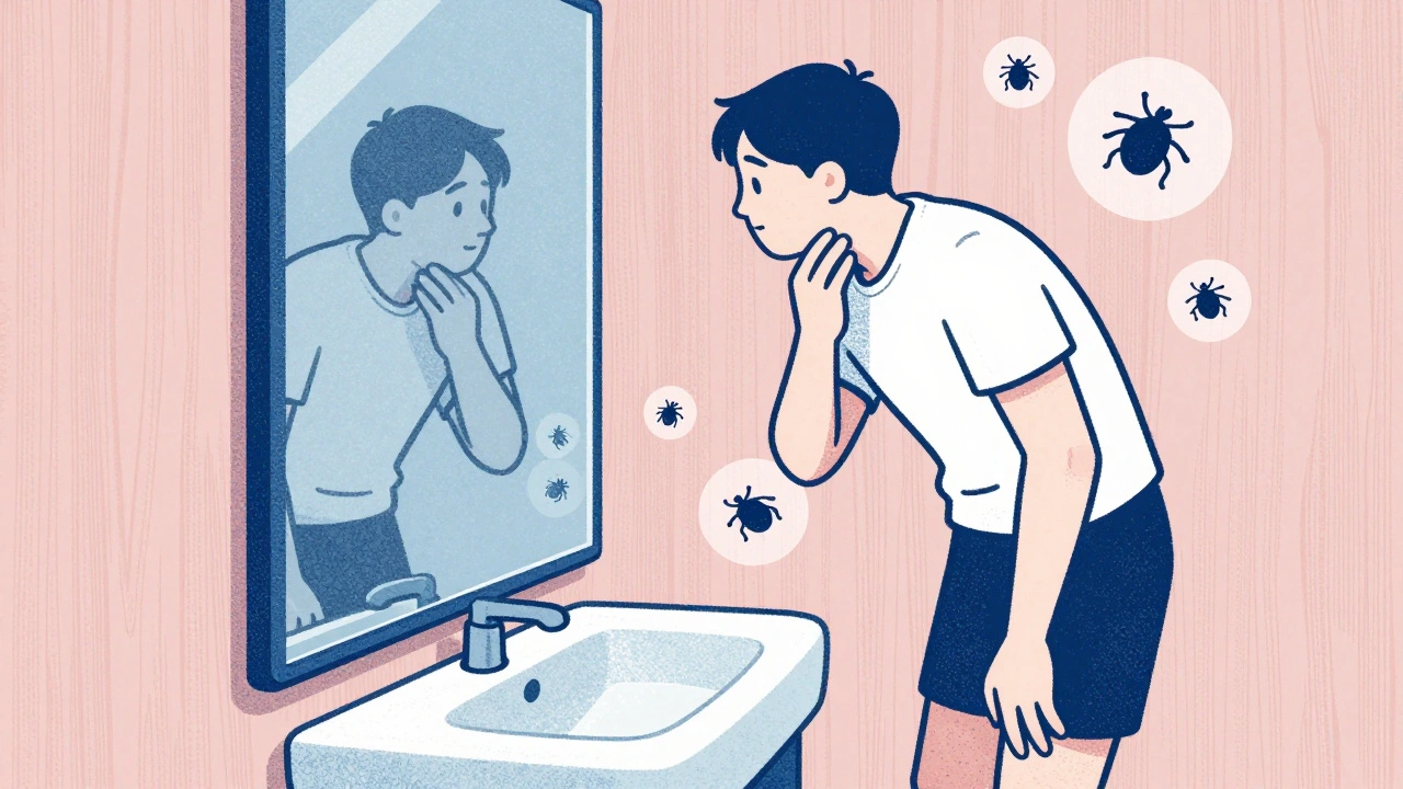 A person checking their body for ticks in front of a mirror, with ghostly tick outlines nearby.