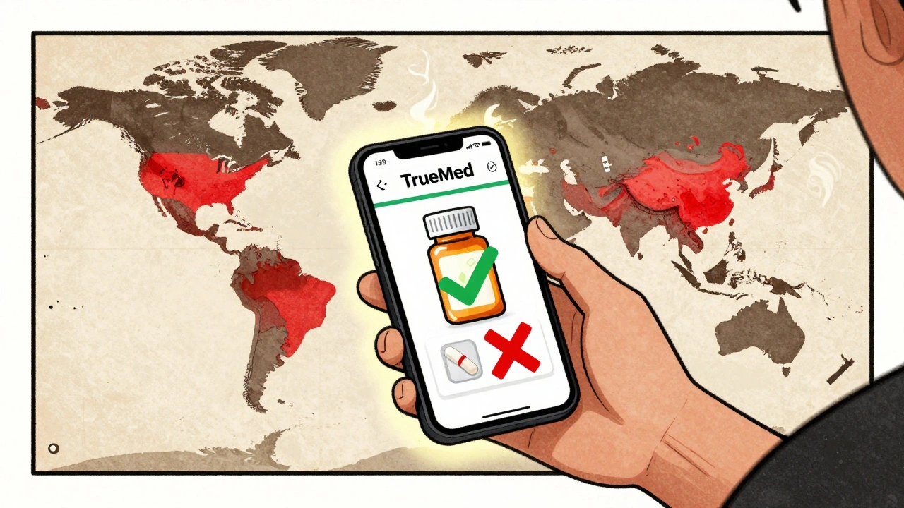 A person checks a pill with a verification app, while global counterfeit hotspots glow behind them.