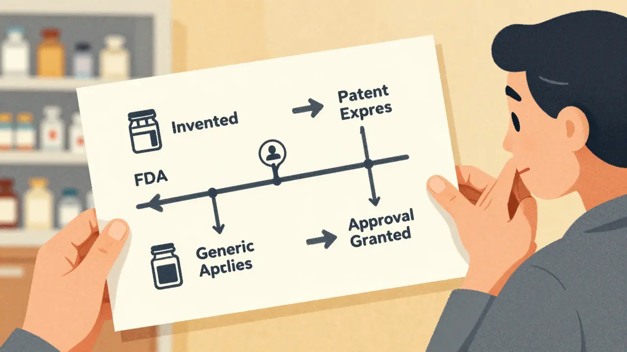 A pharmacist handing a patient a printed timeline infographic about generic drug approval.