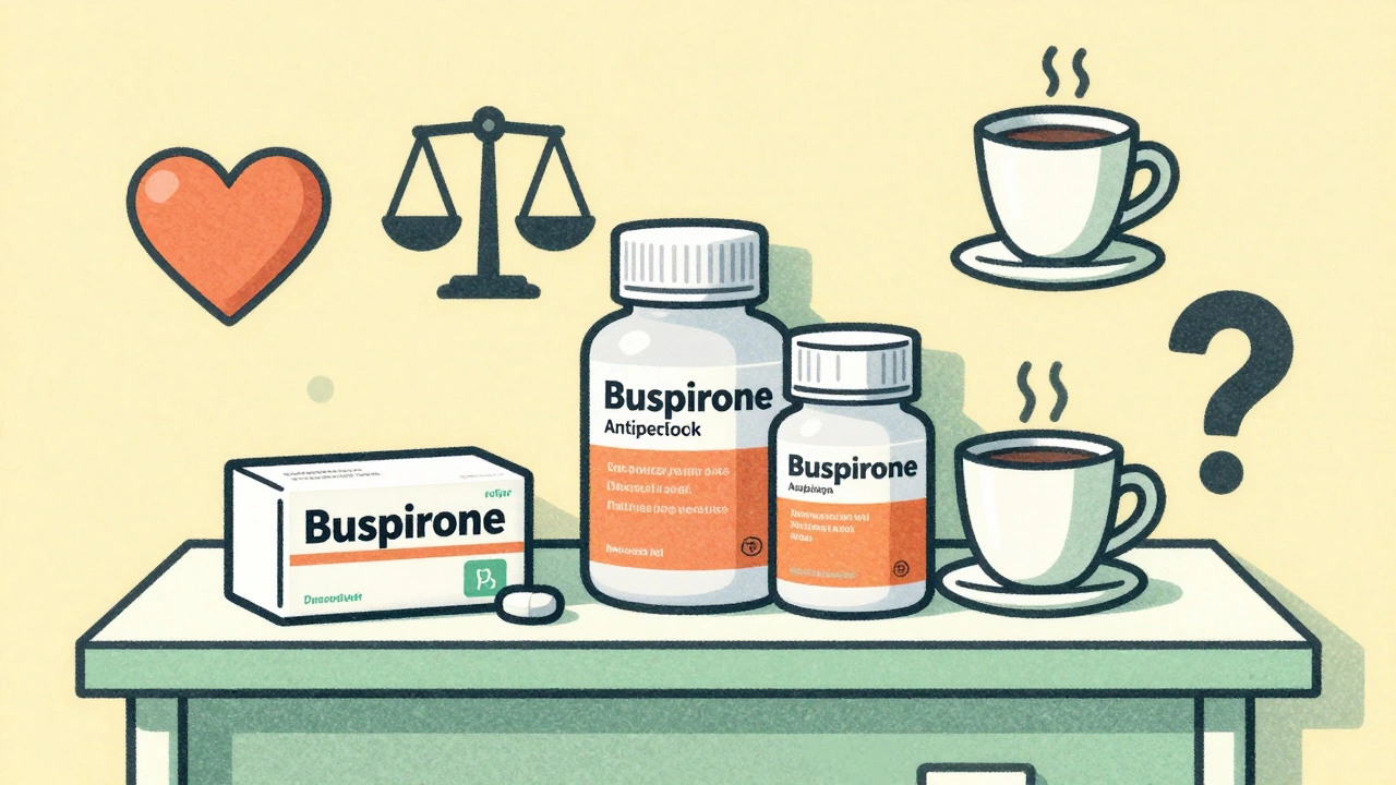 A pharmacy shelf showing affordable buspirone next to expensive alternatives, with safety icons.