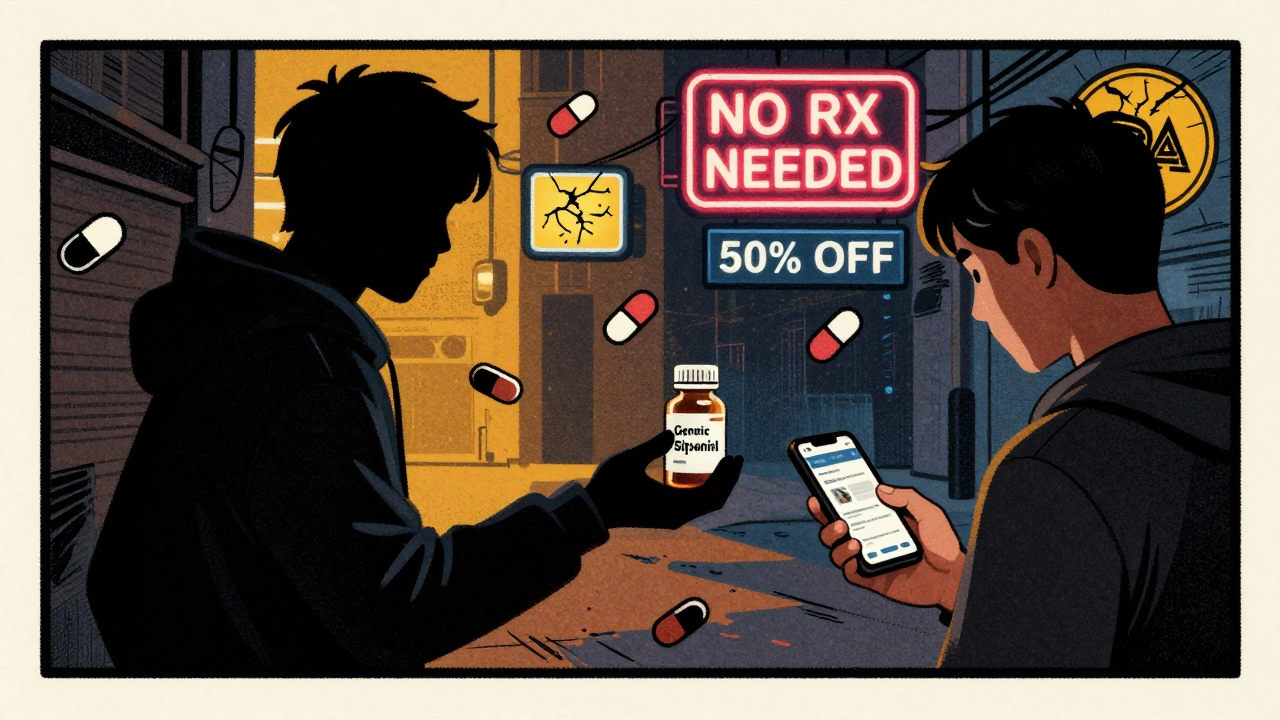 A shadowy figure sells fake medication in a dark alley, with a fake pharmacy website visible on a phone.