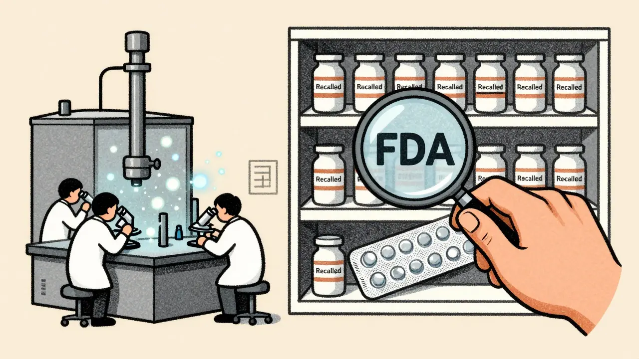 A split scene of a small drug factory and a pharmacy shelf with empty bins, watched over by an FDA magnifying glass.