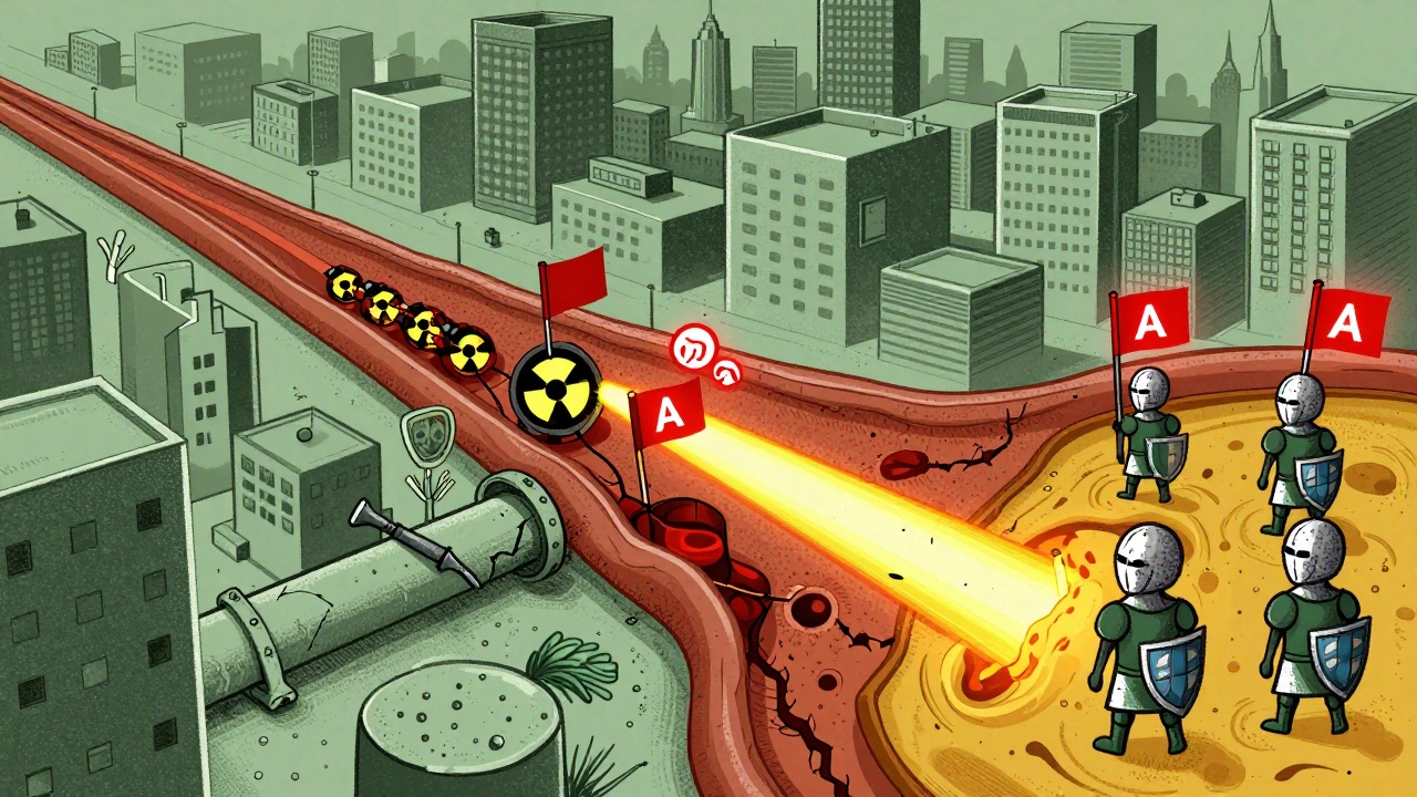 A tumor microenvironment with damaged blood vessels and immune cells responding to radiation signals.