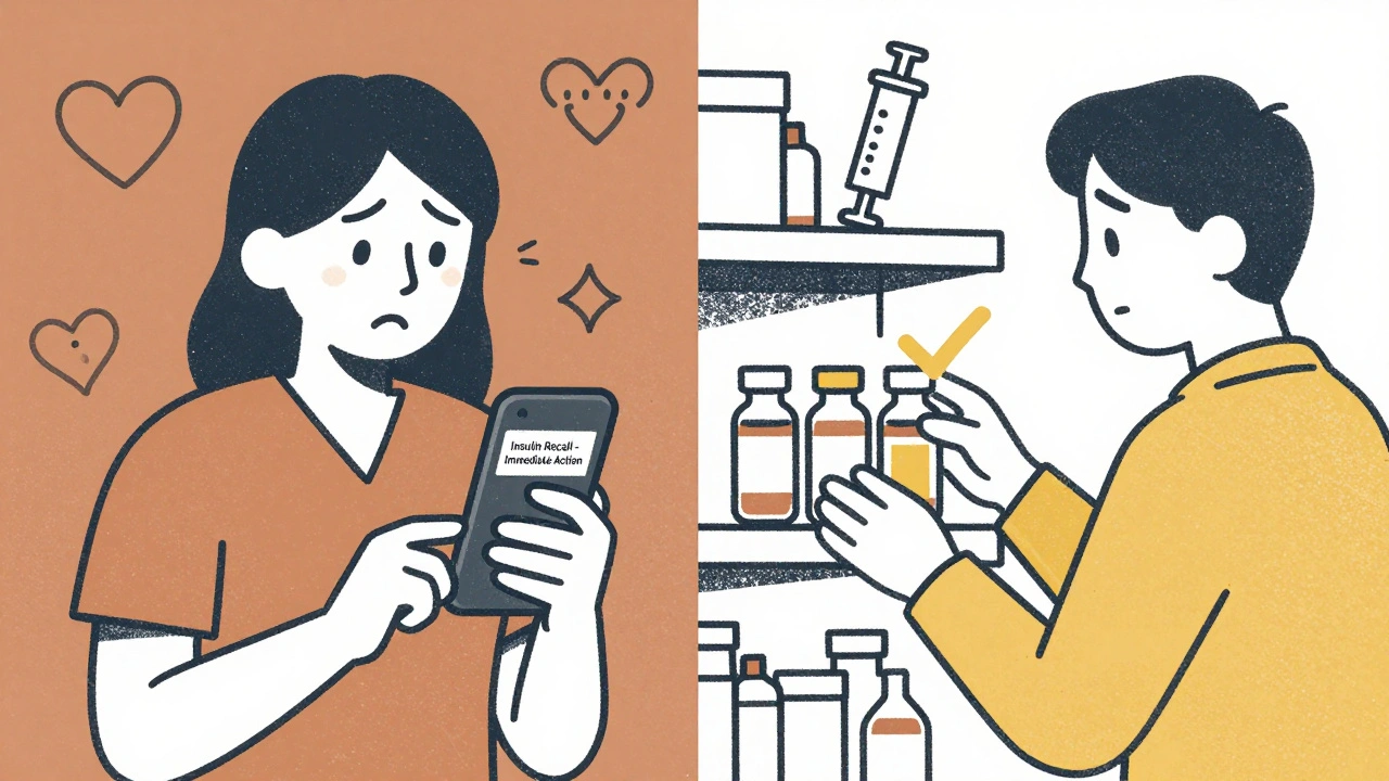 Caregiver checking insulin vials against an FDA alert, minimalist medical icons in background.
