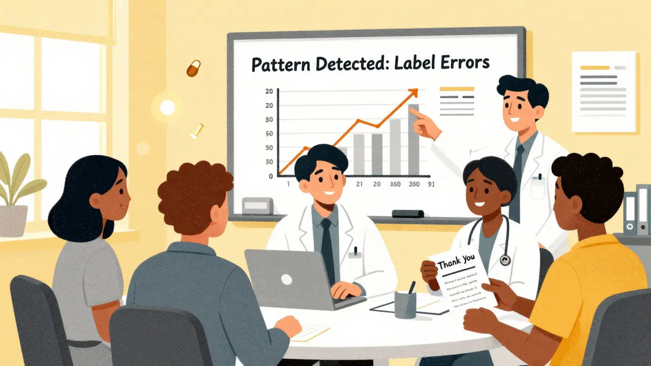Clinic team gathered around whiteboard showing medication error patterns and thank-you note