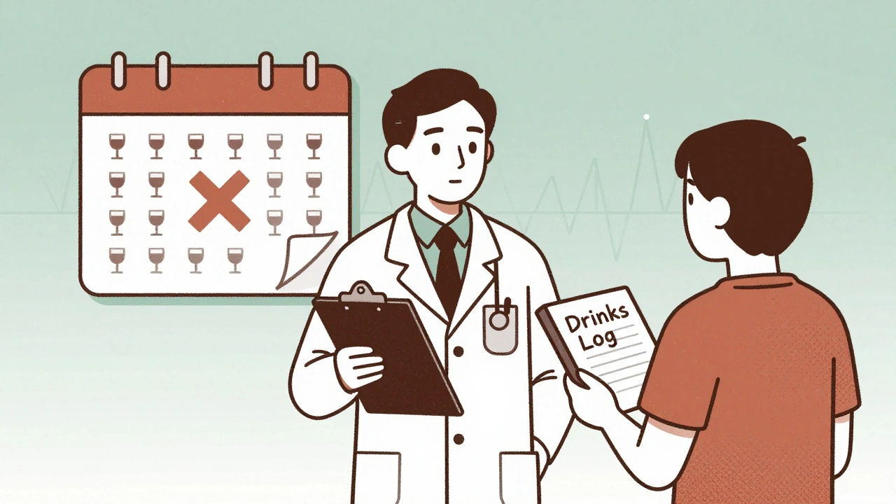 Doctor and patient reviewing drink log journal with calendar showing consistent alcohol patterns