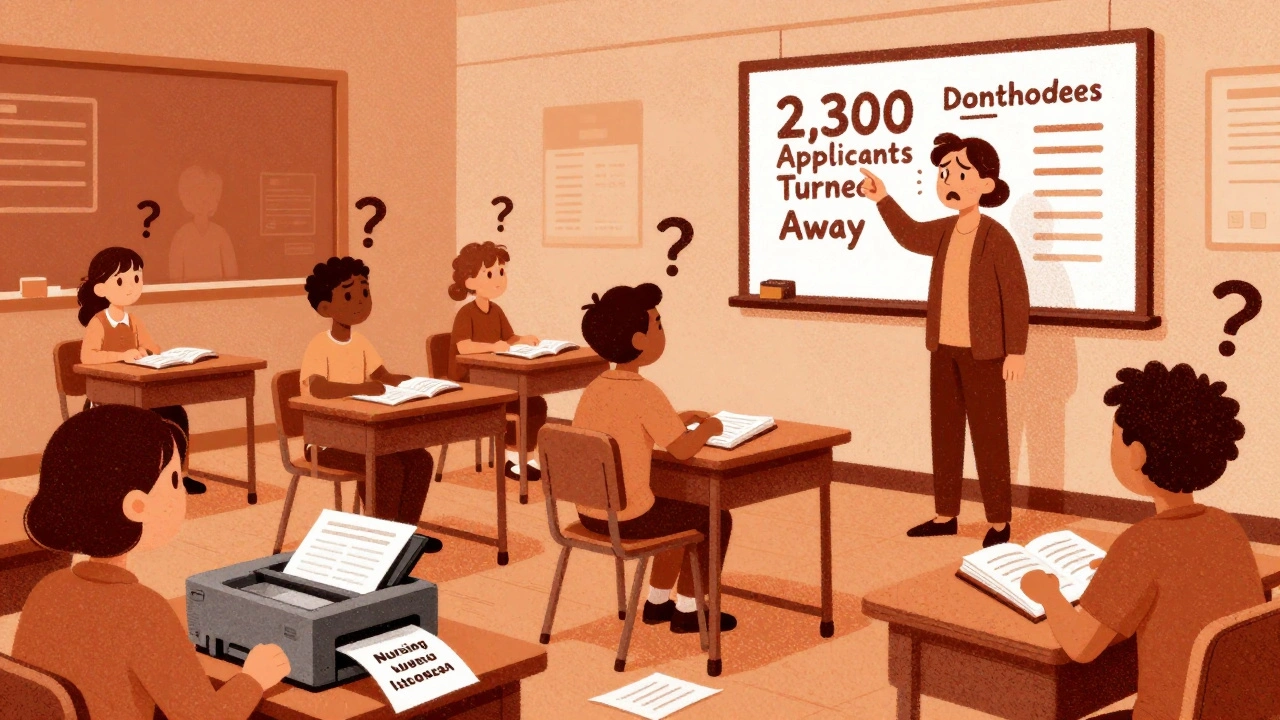 Empty desks in a nursing classroom with a chart showing thousands of rejected applicants.