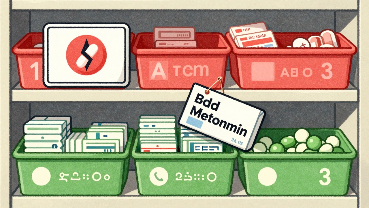 Hospital pharmacy shelf with generics in green Tier 1 bins, brand drugs in red, and a supply shortage warning.