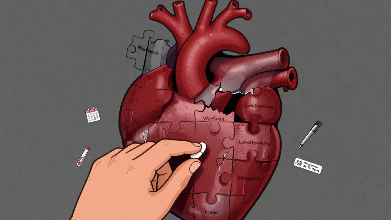 Human heart made of puzzle pieces, some mismatched, with a pill being placed in the center and medical icons nearby.